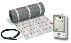 Radiant floor heating cable and thermostat.